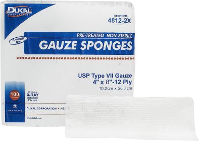 Type VII Gauze Sponges 4" x 8". Case of 2000 12-ply X-Ray Detectable Gauze Dressings for Wound Cleaning; prepping; debriding; Packing. Non-sterile; 10